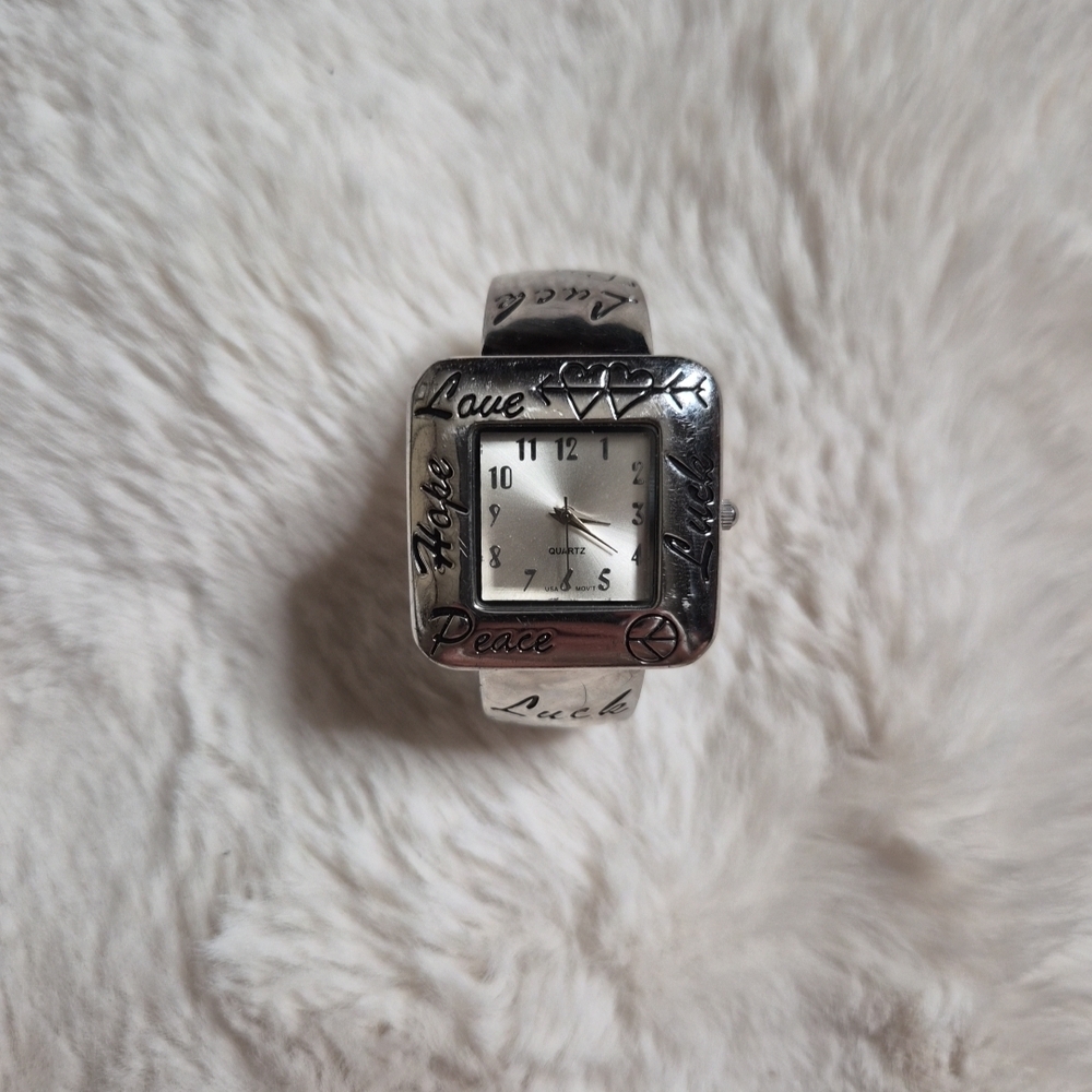 Vintage Y2K Watch Silver Tone Love Hope Peace Luck Quartz Square Face Cuff ✨️💫